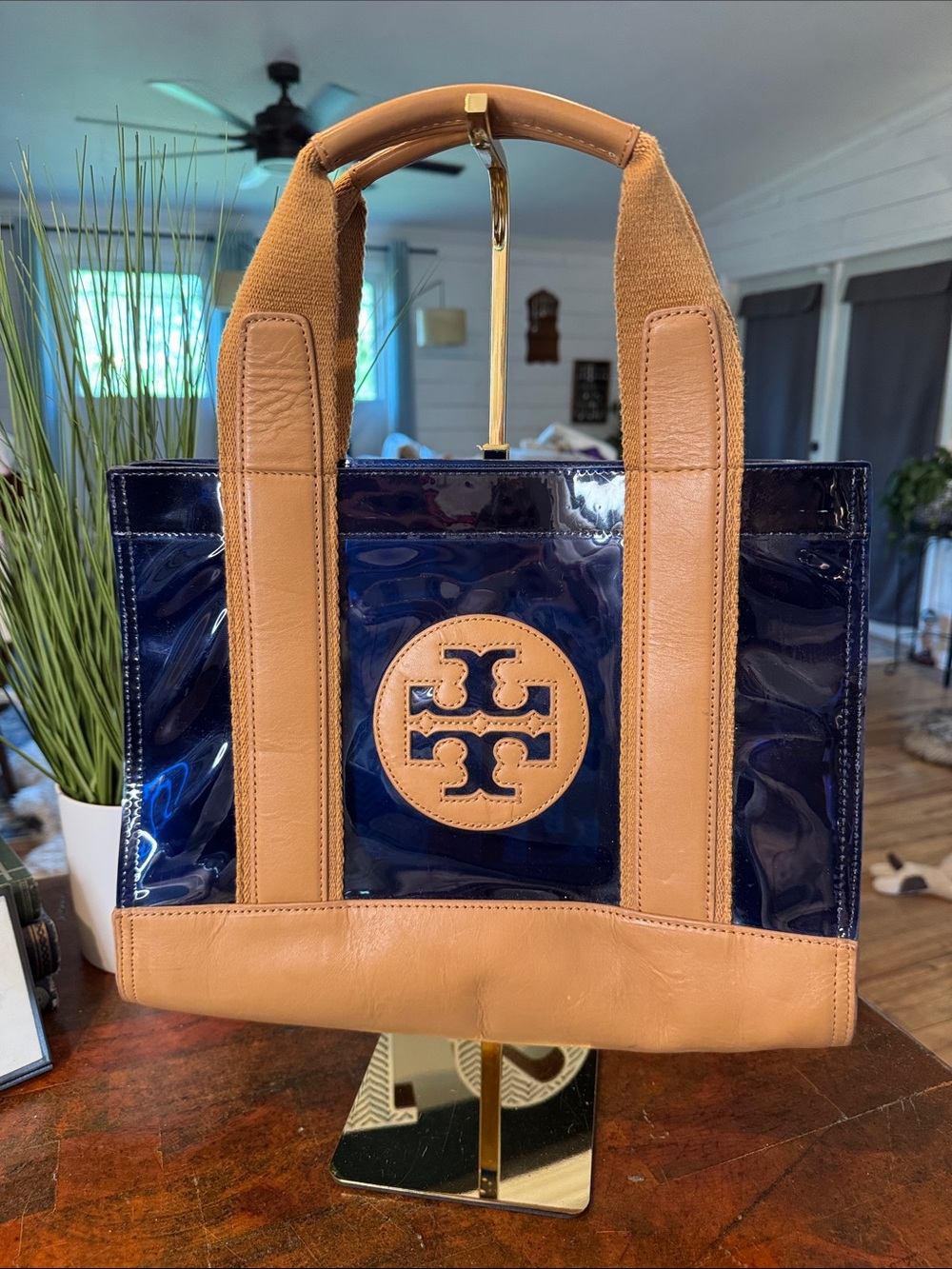 Tory Burch Navy Patent Tote with Tan Leather Trim